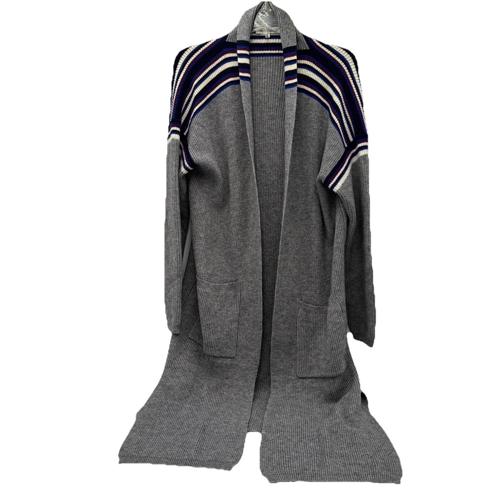 Heartloom Open Front Women's Midi Sweater Cardigan Size L Gray Striped 1119